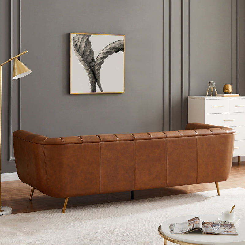 Ava - Genuine Italian Leather Channel Tufted Sofa - Gold / Tan