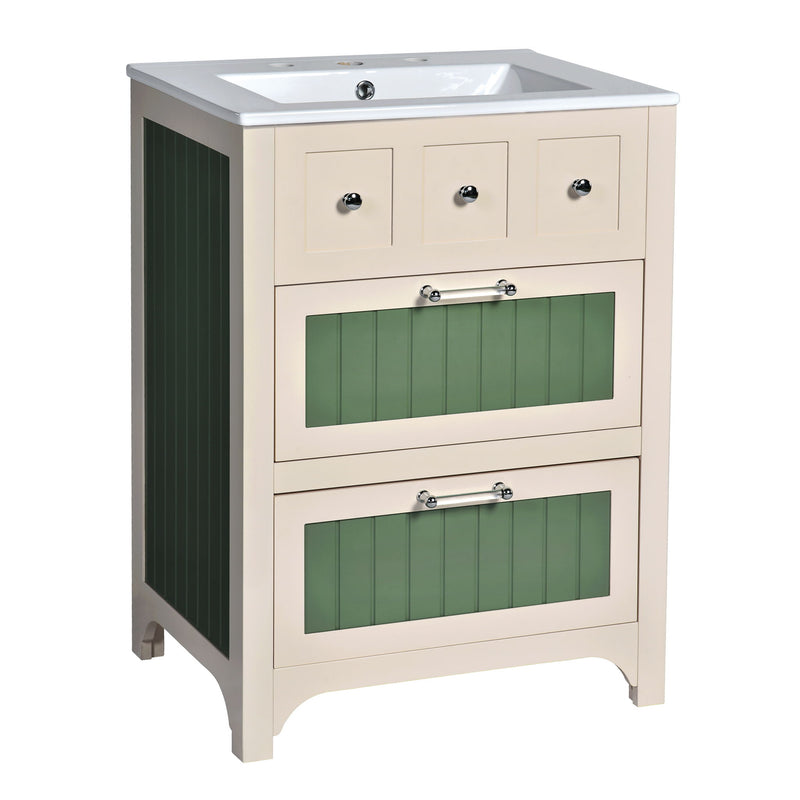 Bathroom Vanity With Ceramic Sink, Bathroom Vanity Cabinet With 2 Drawers, Wooden Bathroom Sink Cabinet - Beige / Green