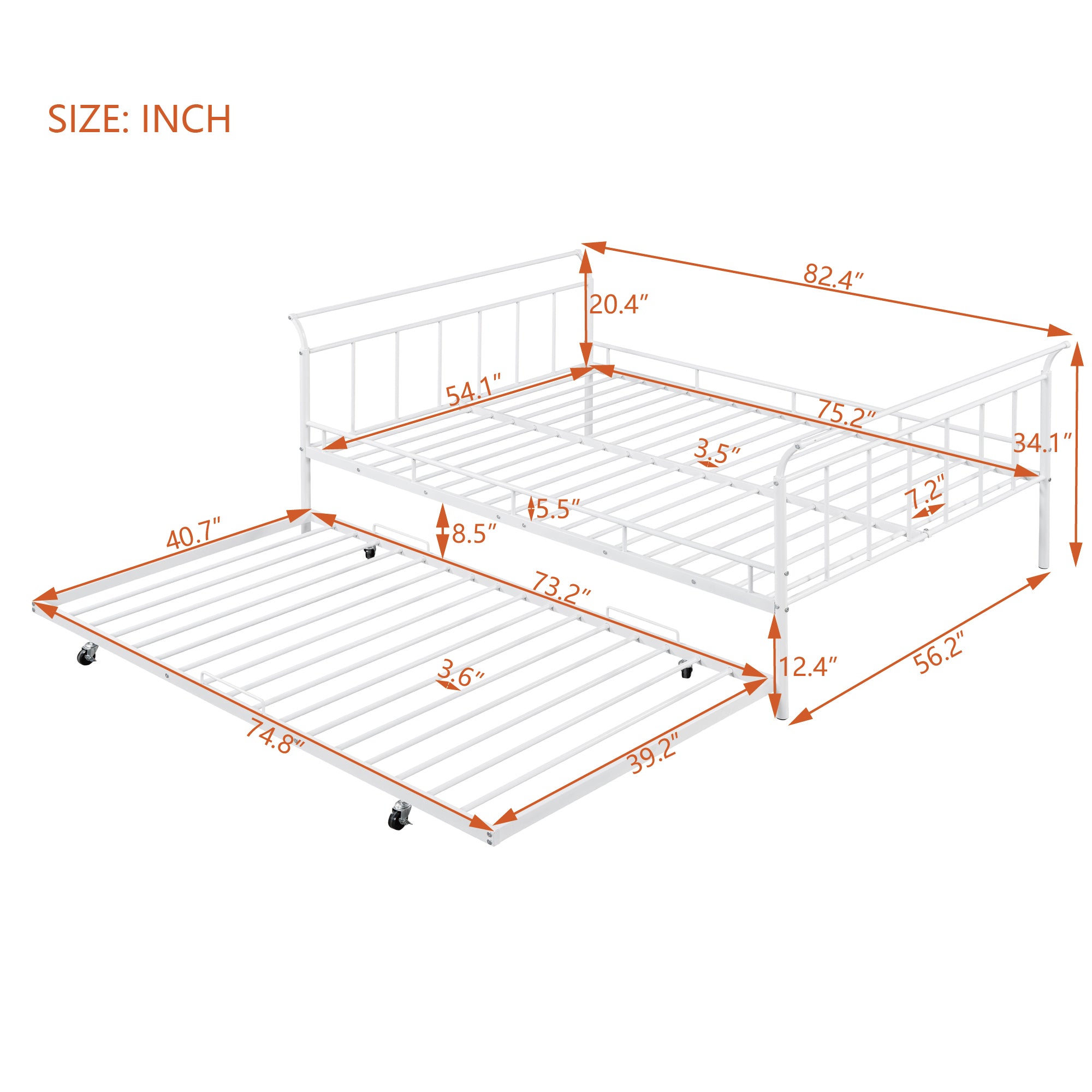 Full Size Metal Daybed with Curved Handle Design and Twin Size Trundle, White - Atlantic Fine Furniture Melbourne FL