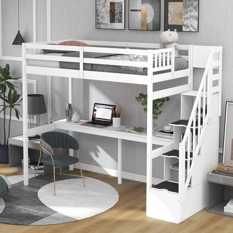 Twin Size Loft Bed with Storage Staircase and Built-in Desk, White (Old SKU:GX000903AAK)