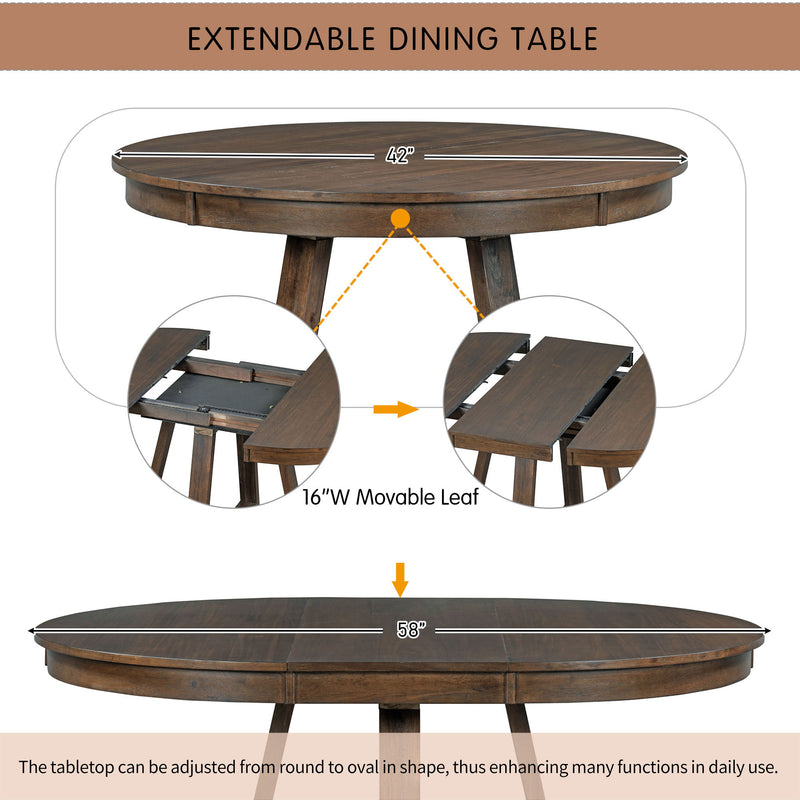 Retro Functional Dining Set, Round Table With Leaf And Upholstered Chairs For Dining Room And Living Room