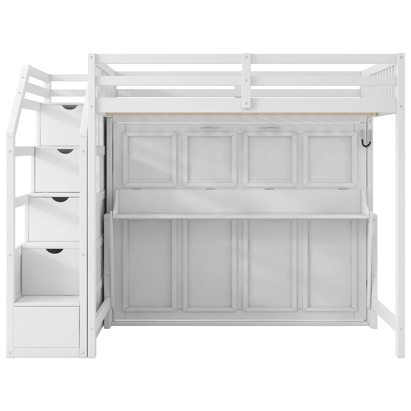 Full Long Loft Bed With Storage Staircase, Murphy Bed, LED Light - White