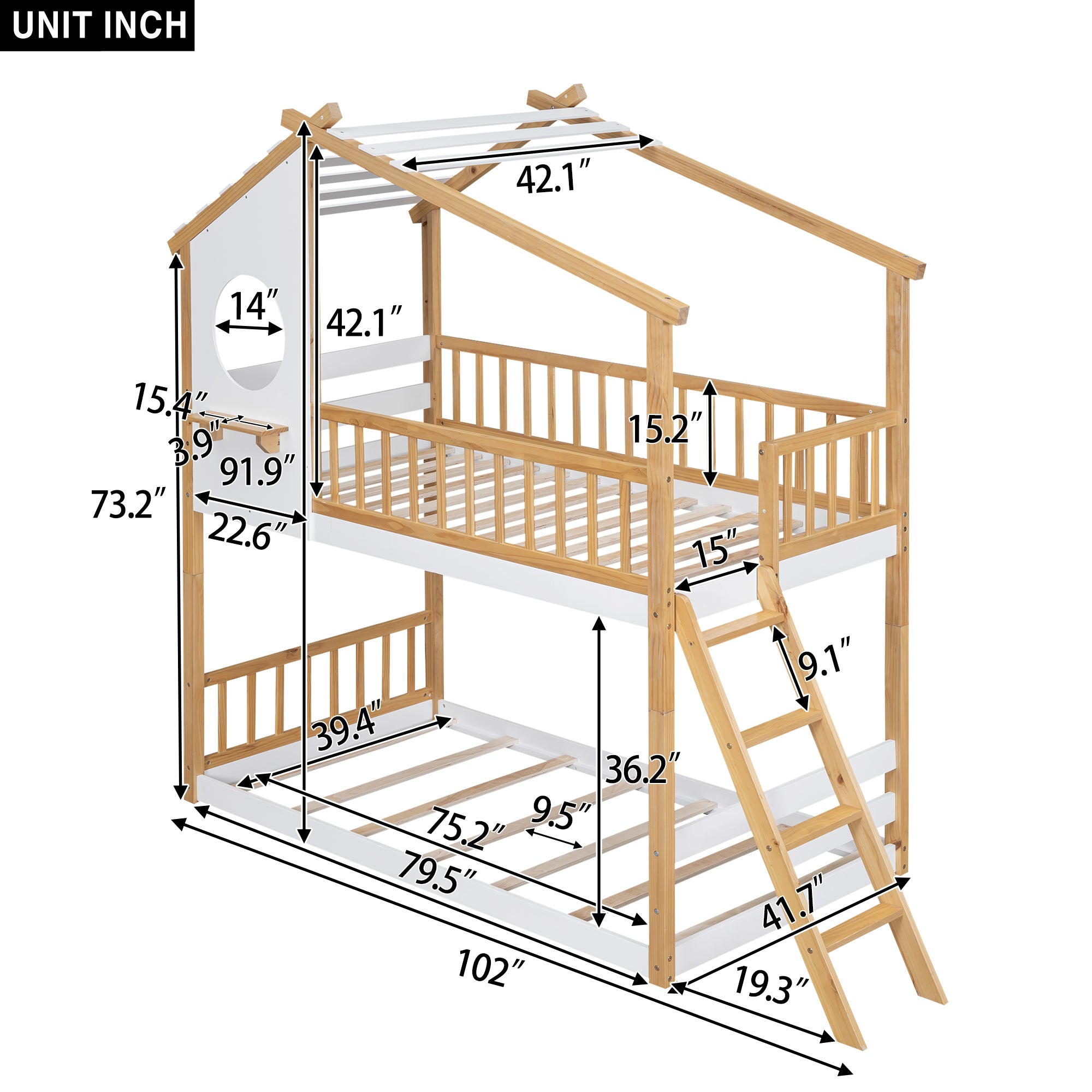 Twin Over Twin Bunk Bed Wood Bed with Roof, Window, Ladder,Natural(OLD SKU :LT100008AAD) - Atlantic Fine Furniture Melbourne FL