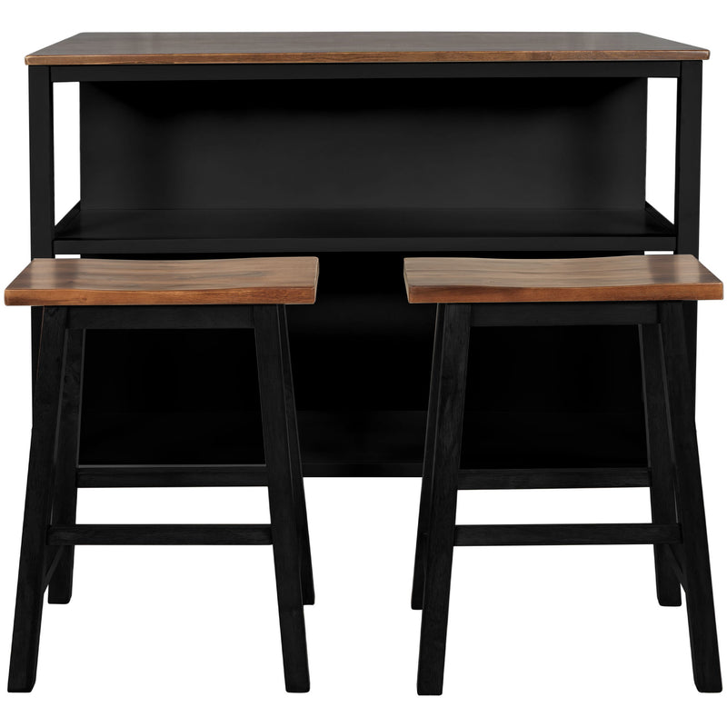 Rustic 3 Piece Stationary Kitchen Island Set With 2 Seatings, With 2 Open Shelves