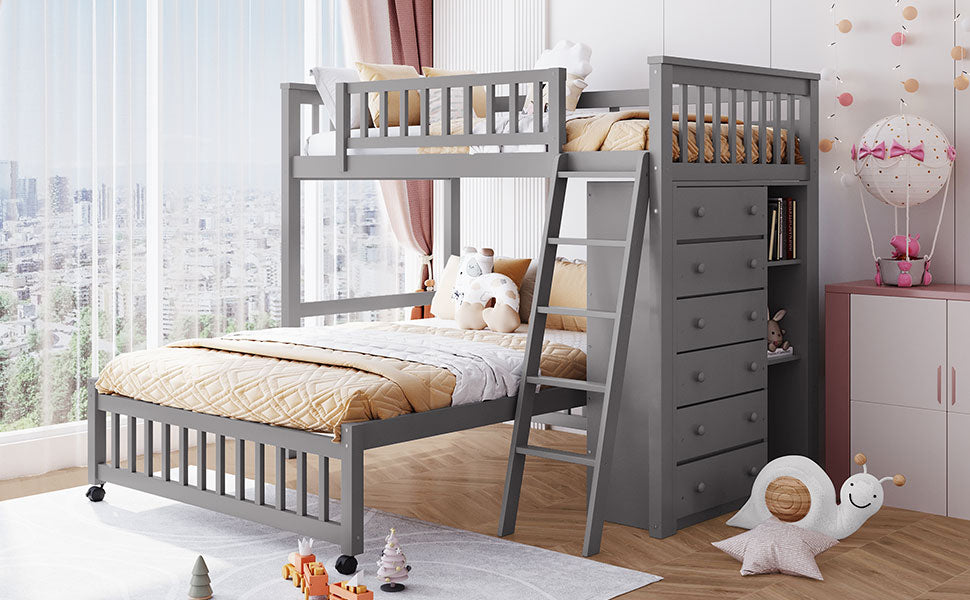 Wooden Twin Over Full Bunk Bed With Six Drawers And Flexible Shelves,Bottom Bed With Wheels,Gray(OLD SKU:LP000531AAE) - Atlantic Fine Furniture Melbourne FL