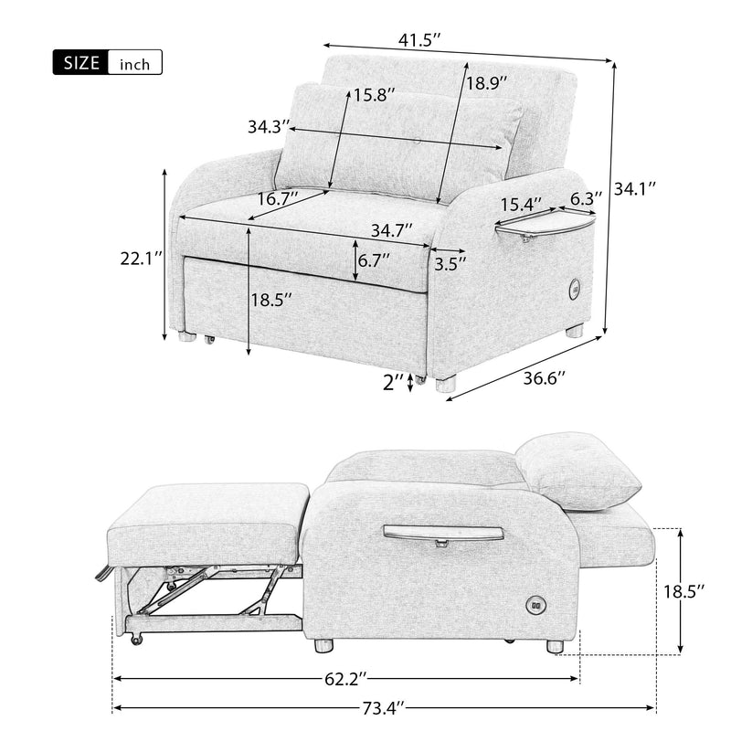 Pull Out Sofa Sleeper 3 In 1 With 2 Wing Table And USB Charge For Nap Line Fabric For Living Room Recreation Room