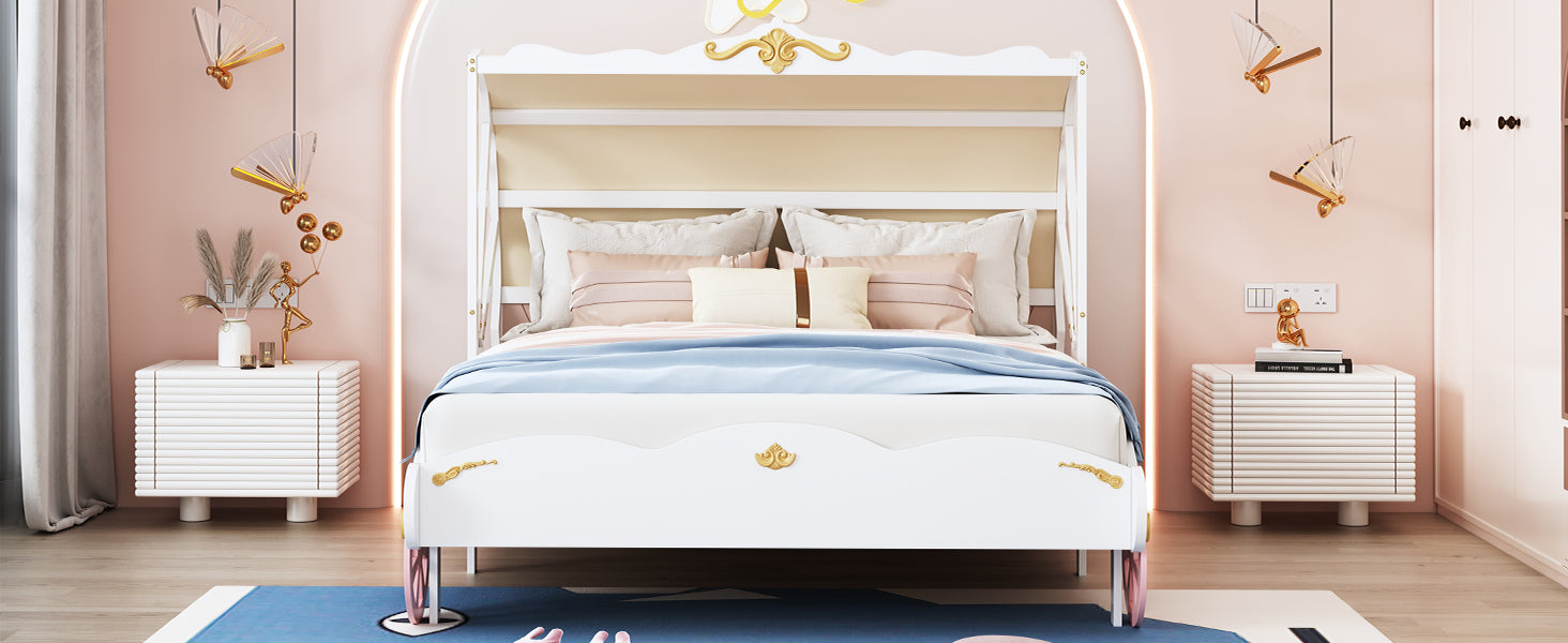 Full Size Princess Carriage Bed with Canopy, Wood Platform Car Bed with 3D Carving Pattern, White+Pink+Gold - Atlantic Fine Furniture Melbourne FL