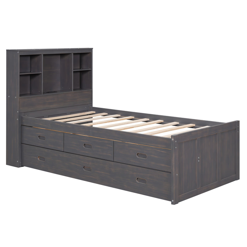 Twin Size Platform Bed with Storage Headboard, Charging Station, Twin Size Trundle and 3 Drawers, Antique Brown