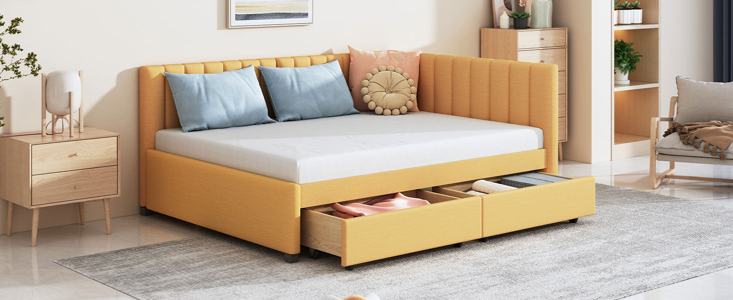 Full Size Upholstered Daybed with 2 Storage Drawers Sofa Bed Frame No Box Spring Needed, Linen Fabric (Yellow) - Atlantic Fine Furniture Melbourne FL