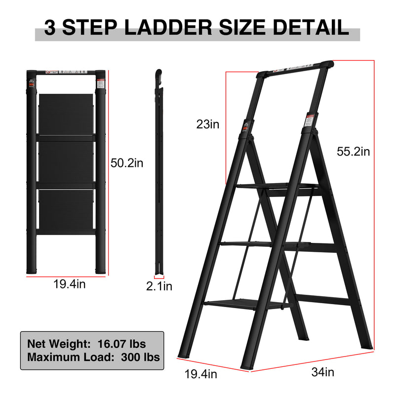 3 Step Ladder, Retractable Handgrip Folding Step Stool With Anti-Slip Wide Pedal, Aluminum Stool Ladders 3 Steps, 300 Lbs Safety Household Ladder - Black