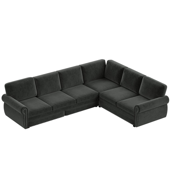 L-Shaped Sofa Couch With Pull Out Bed With Nailhead Trim & Rolled Arm, Sectional Couches, For Living Room - Dark Gray