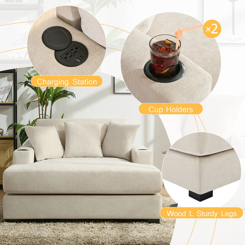 Oversized Chaise Lounger Modern Style Sofa Couch, With Pillows, Charge Station & Cup Holders