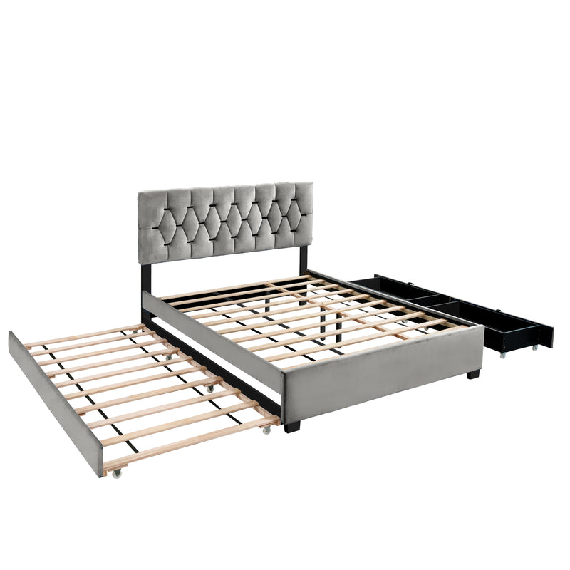 GRAY QUEEN SIZE TRUNDLE PULL OUT DRAWERS STORAGE UPHOLSTERED BED MODERN  DESIGN NO BOX SPRING REQUIRED