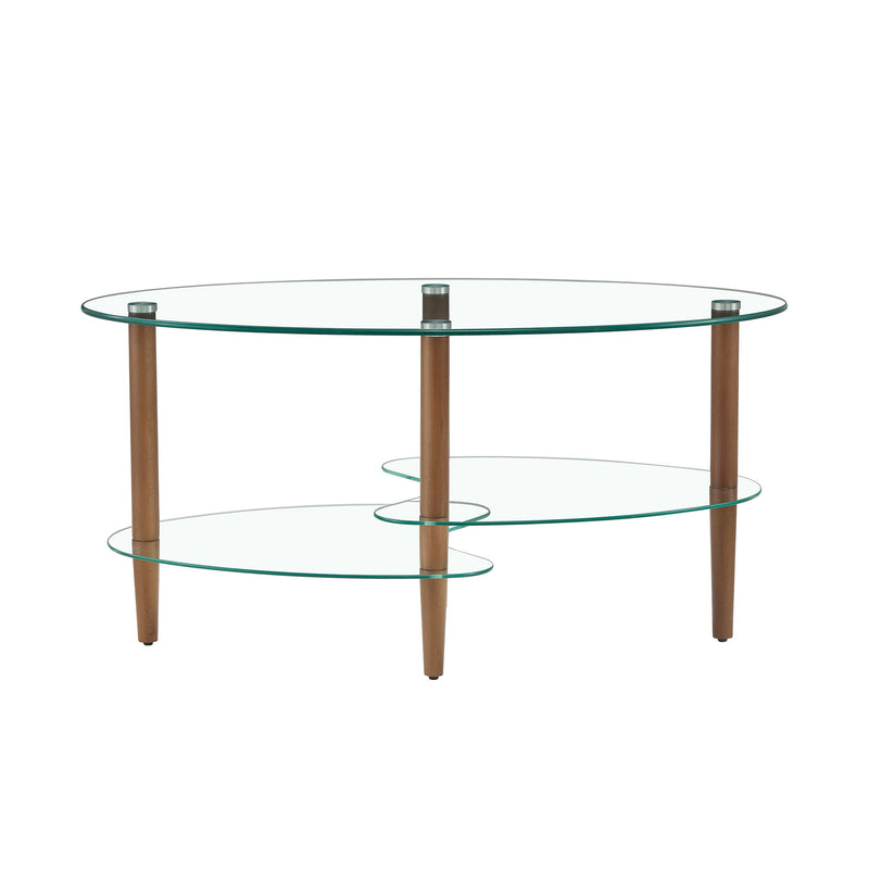 Transparent Oval Glass Coffee Table, Modern Table In Living Room Oak Wood Leg Tea Table 3-Layer Glass Table