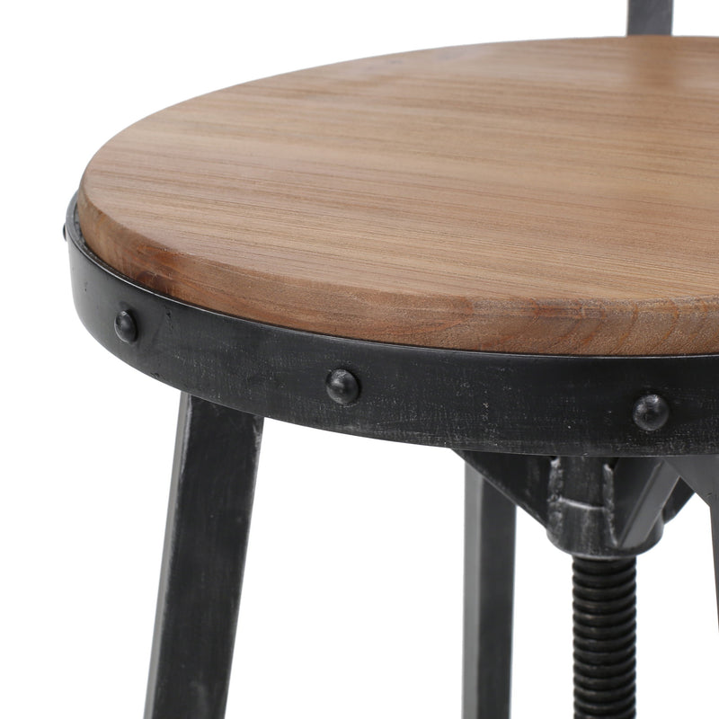 Rustic Metal Barstool With Wooden Seat - Black Brush Silver