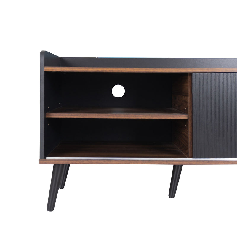 Mid Century TV Stand With 2 Cabinets & Open Compartments, Entertainment Center For Tvs Up To 70'', Television Console For Living Room - Dark Coffee / Black