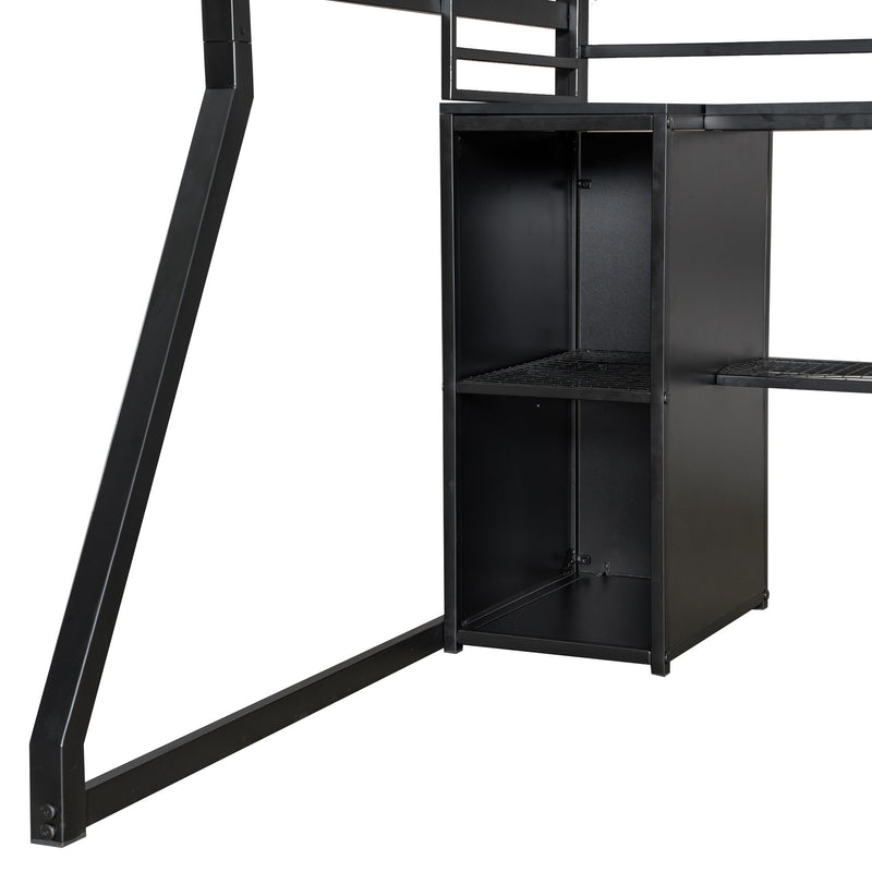 Full Size Gaming Loft Bed With Built In Work Station, Open Wardrobe, LED And Multiple Storage - Black