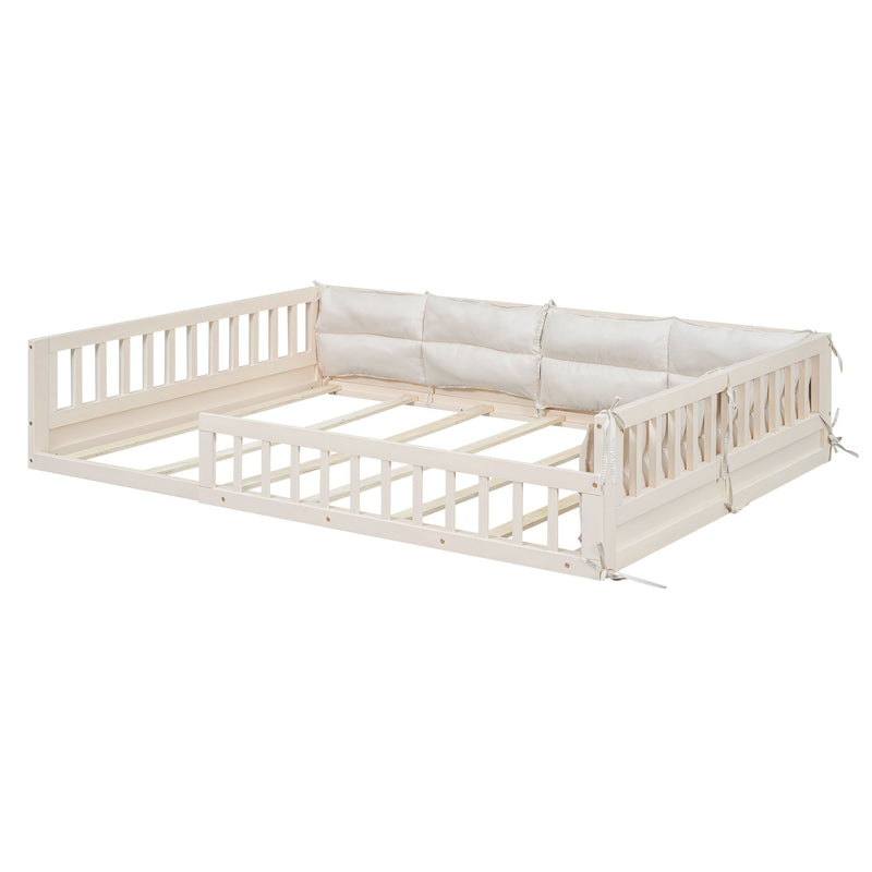 Wood Full Size Upholstered Platform Bed With Guardrail And Pillow - Beige