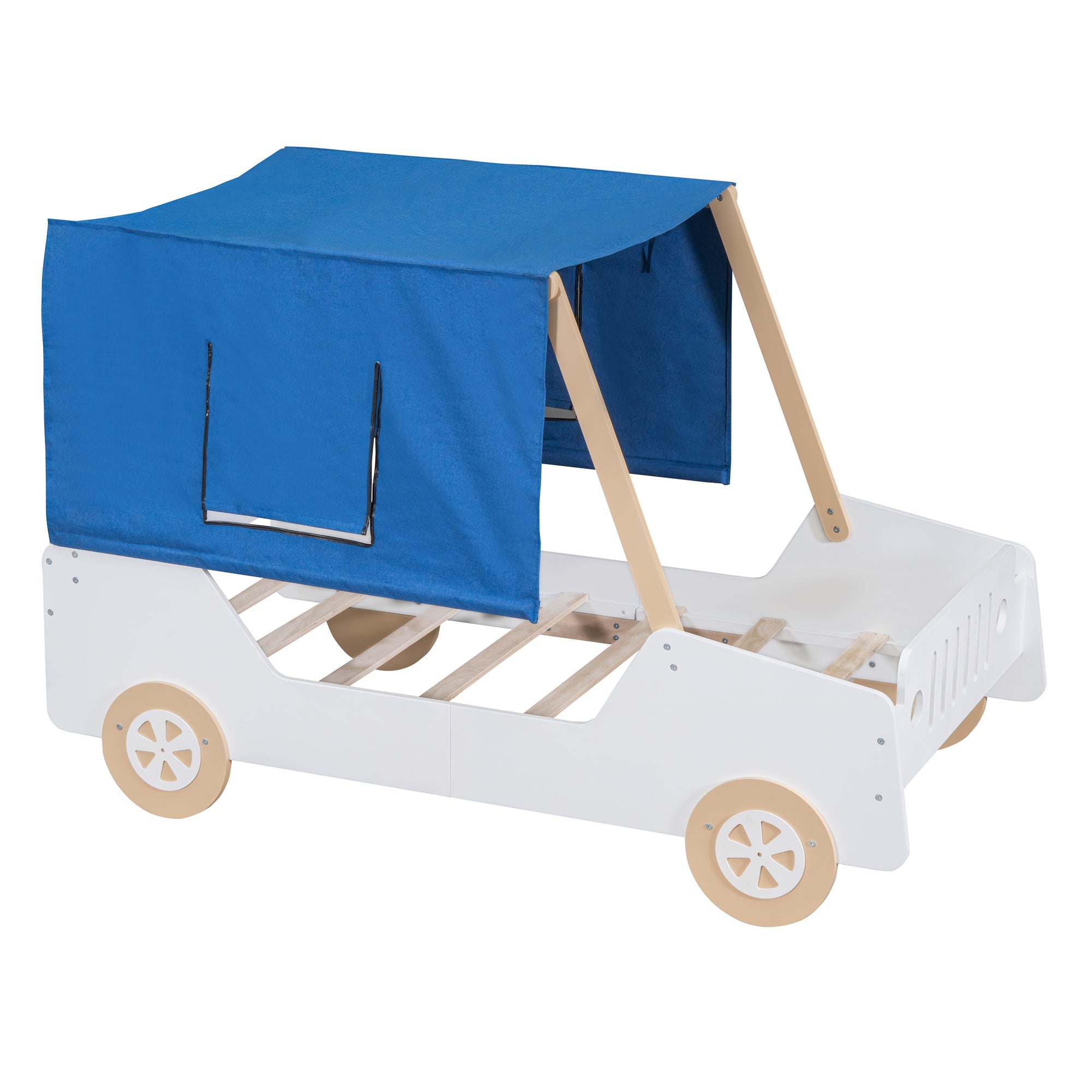 Twin Size Car Shaped Bed with Tents,White+Natural - Atlantic Fine Furniture Melbourne FL