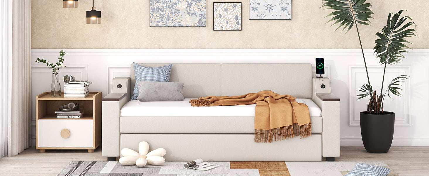 Twin Size Upholstery Daybed with Storage Arms, Trundle and USB Design, Beige - Atlantic Fine Furniture Melbourne FL