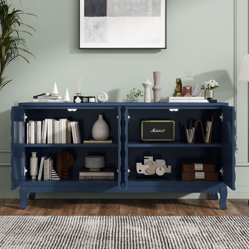 Elegant Sideboard With Sophisticated Wavy Pattern Doors And Arched Groove Design, Adjustable 4 Door Layout