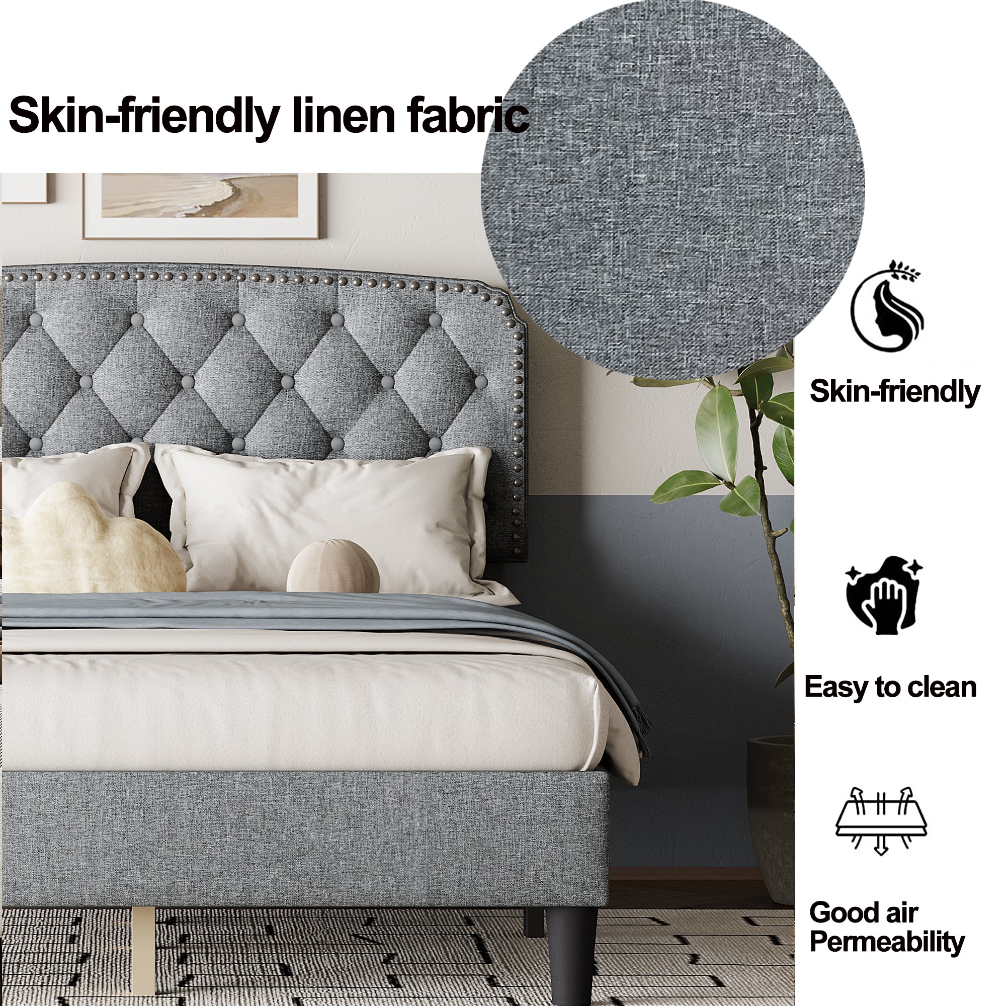 Full size Adjustable Headboard with Fine Linen Upholstery and Button Tufting for Bedroom,  Wave Top  Light Gray