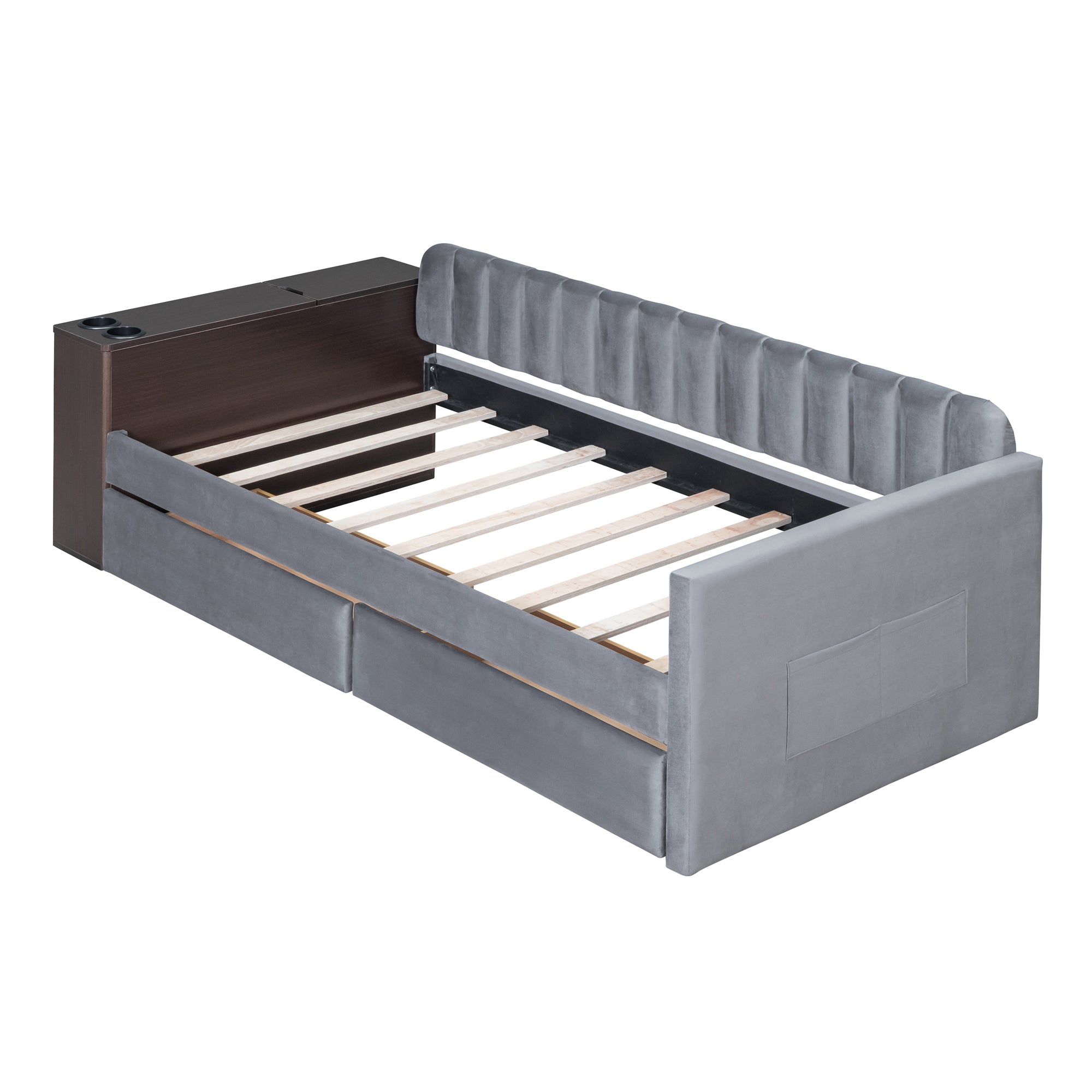 Twin Size Upholstered Daybed with Storage Armrest and 2 Drawers, Multi-functional Daybed with Cup Holder and a set of USB Ports and Sockets, Gray - Atlantic Fine Furniture Melbourne FL