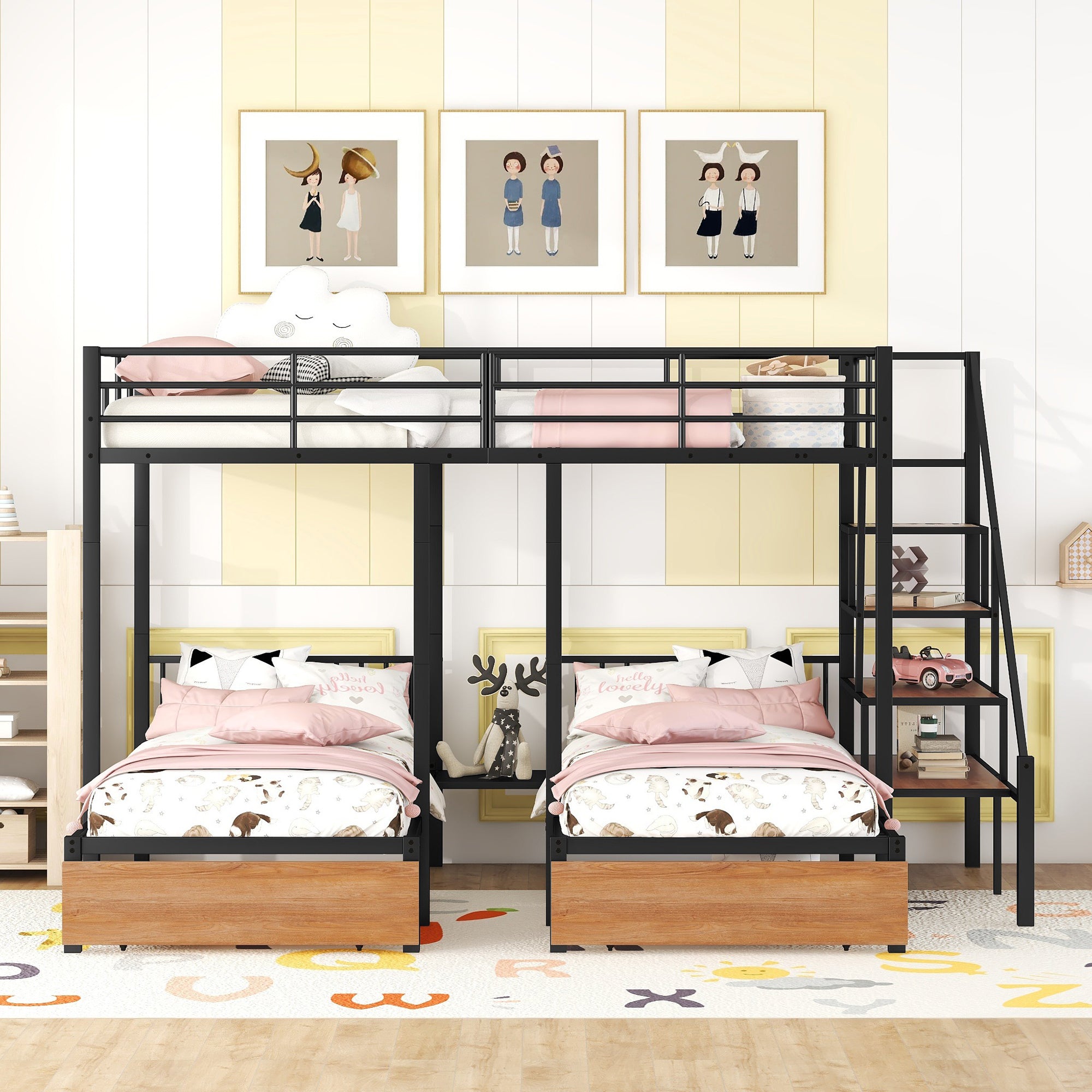 Full over Twin-Twin Triple bunk bed with drawers and staircase, Black - Atlantic Fine Furniture Melbourne FL