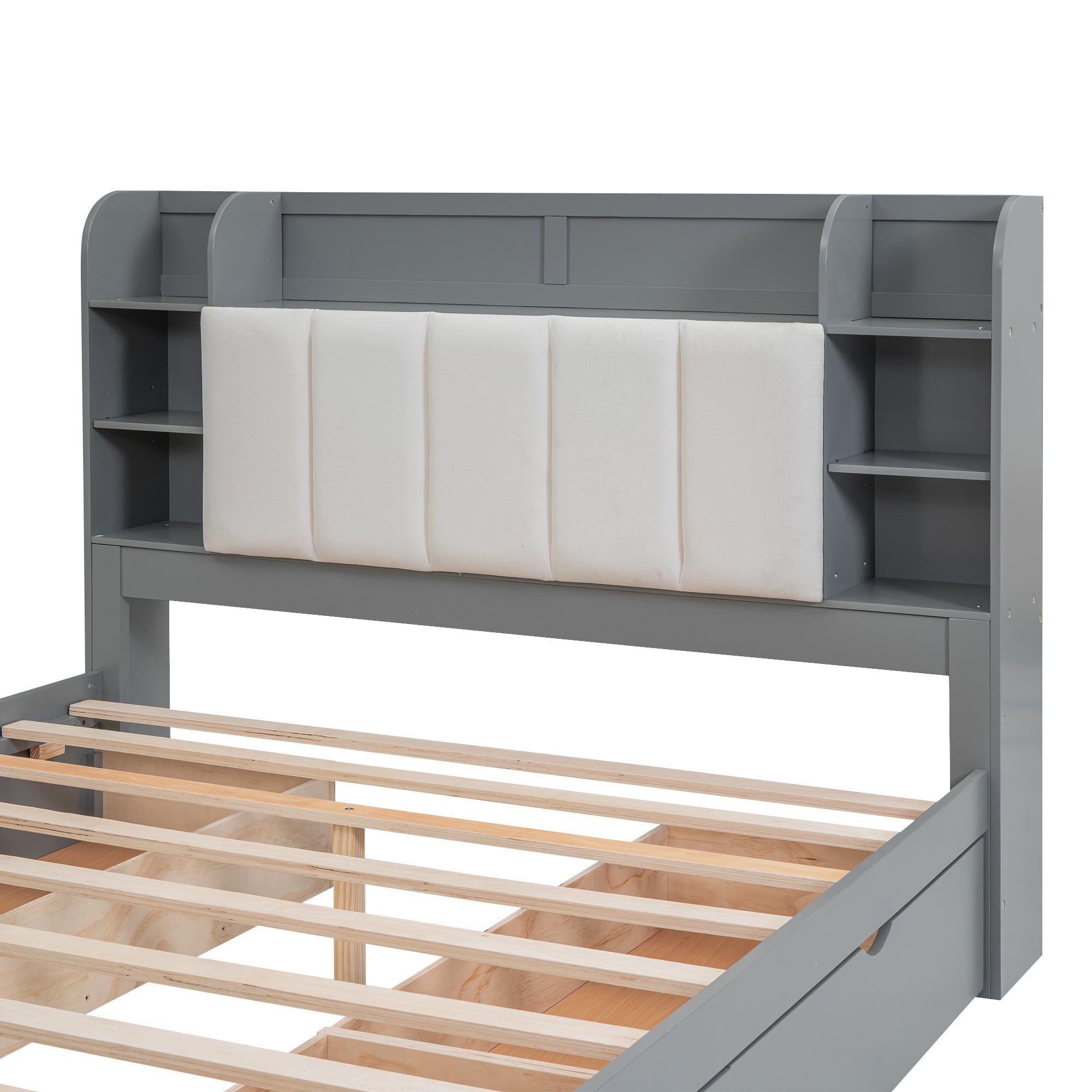 Wood Queen Size Platform Bed with Storage Headboard, Shelves and 4 Drawers, Gray - Atlantic Fine Furniture Melbourne FL