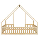 Full Wood House-Shaped Floor Bed with Fence, Guardrails,Natural
