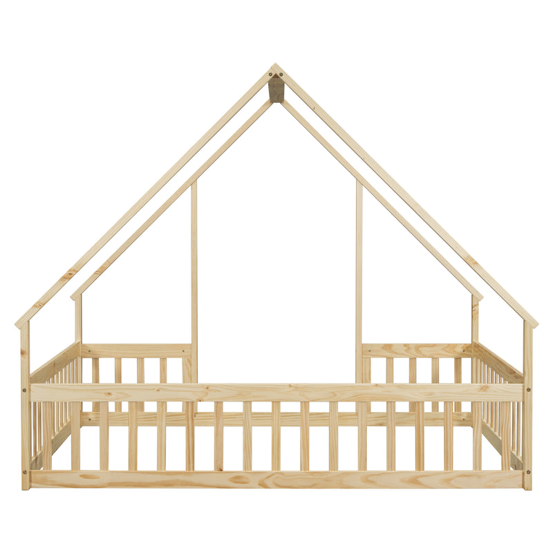 Full Wood House-Shaped Floor Bed with Fence, Guardrails,Natural