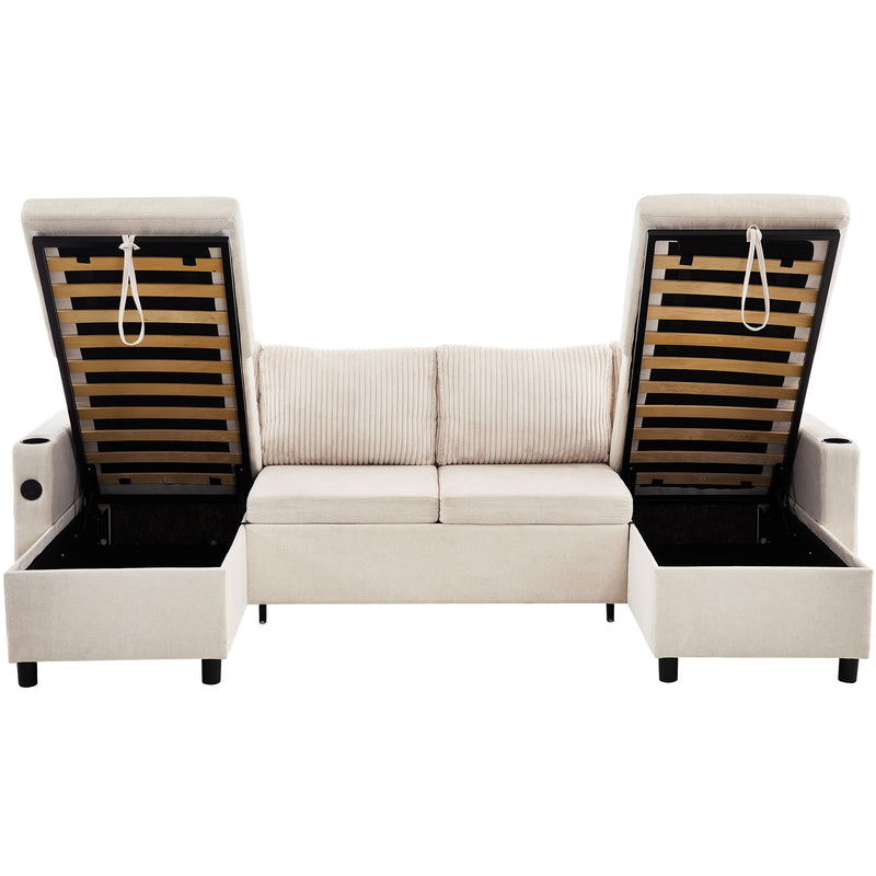 Sectional Sofa Bed With Pull Out Sleeper, USB Ports, Cup Holders