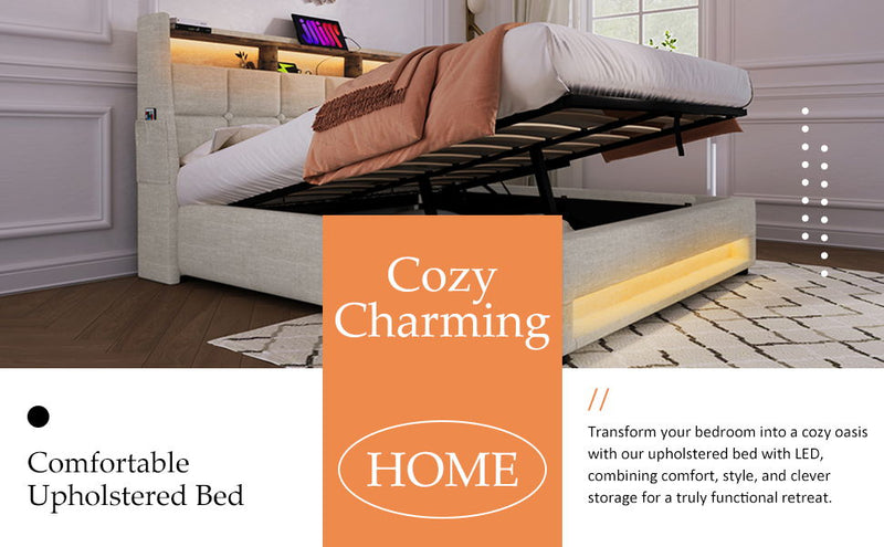 Upholstered Platform Bed With A Hydraulic Storage System, LED And USB Charging (Without Mattress)