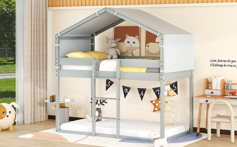 Twin Over Twin Bunk Bed Wood Bed with Tent, Gray - Atlantic Fine Furniture Melbourne FL