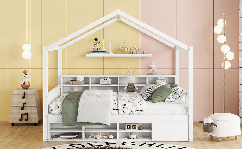 Full Size Wooden House Bed with Shelves and a Mini-cabinet, White