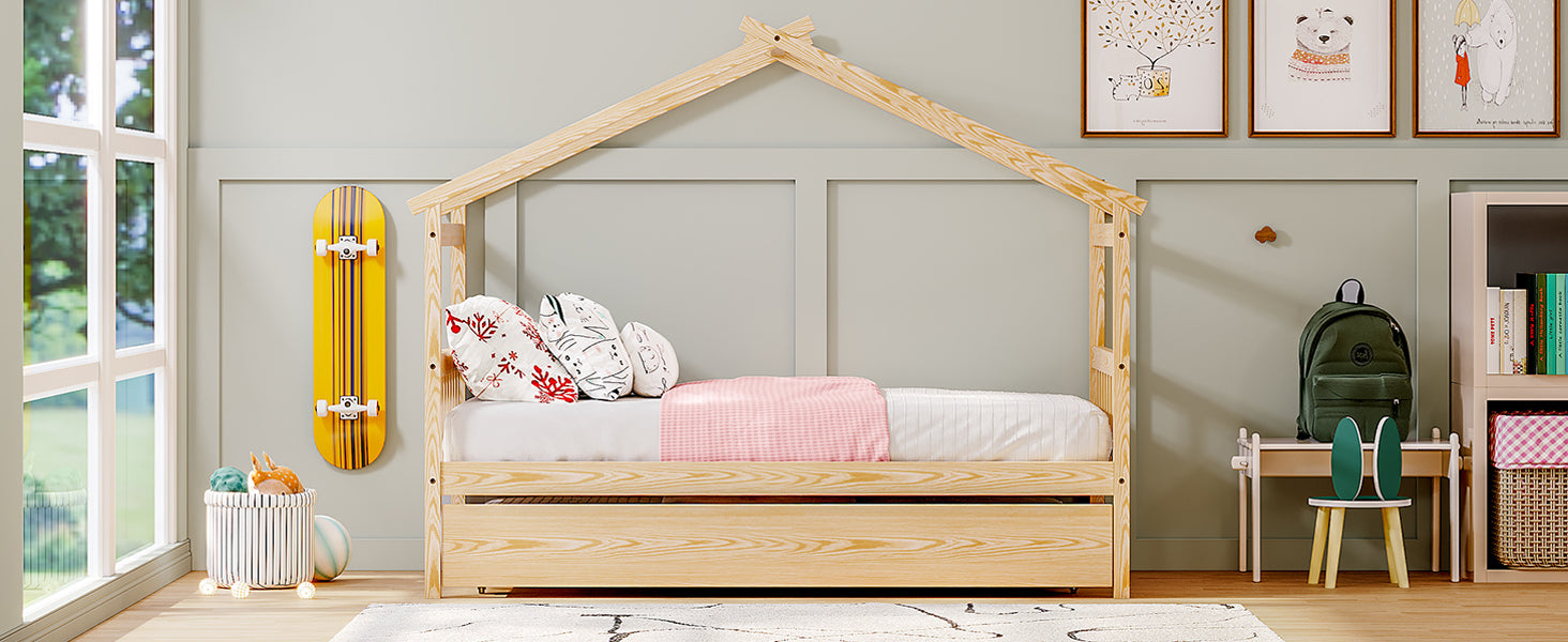 Twin Size Wooden House Bed with Twin Size Trundle, Natural - Atlantic Fine Furniture Melbourne FL