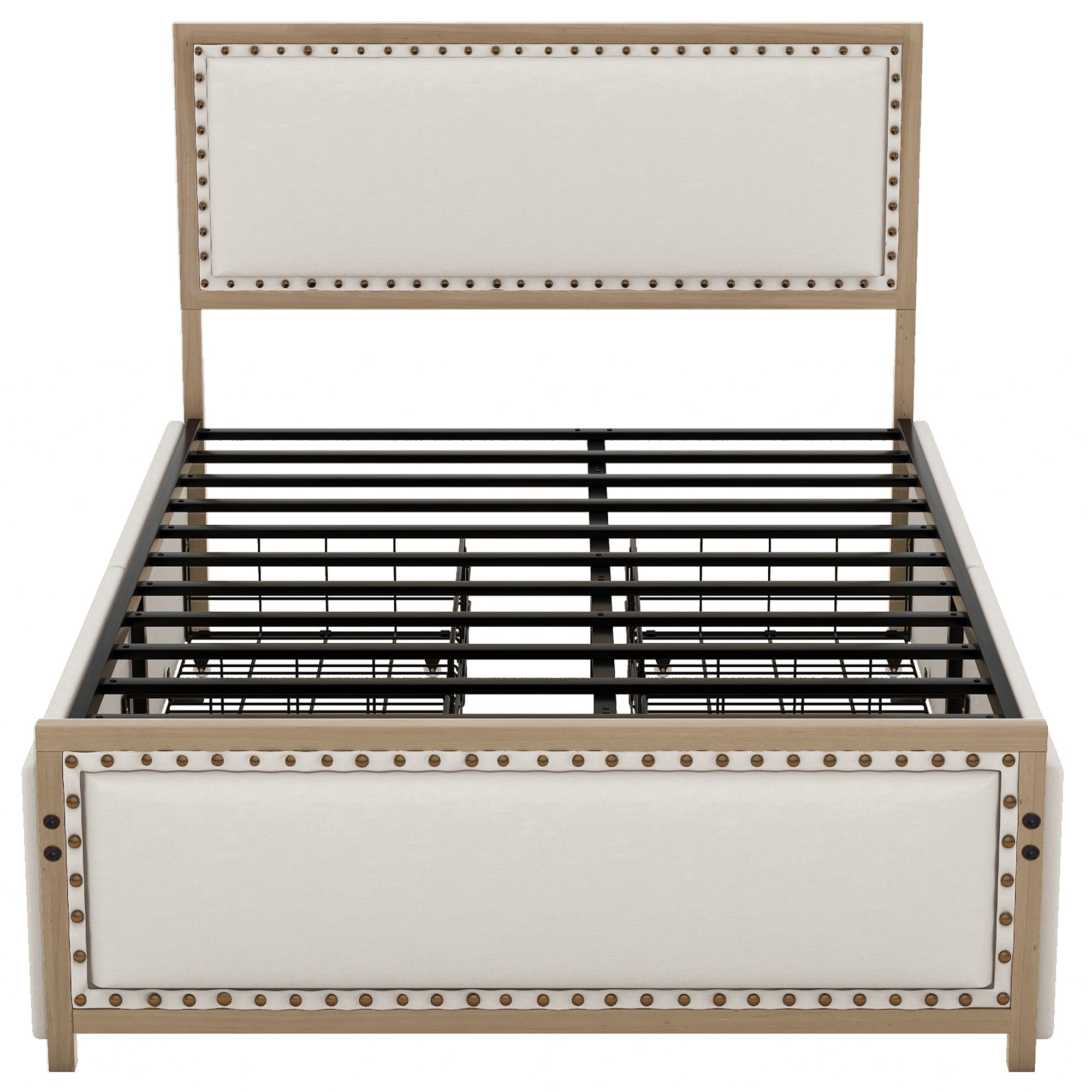 Full Size Upholstered Platform Bed with Nailhead Decoration and 4 Drawers, Brown - Atlantic Fine Furniture Melbourne FL