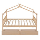 Full Size Wooden House Bed with Drawers, Natural
