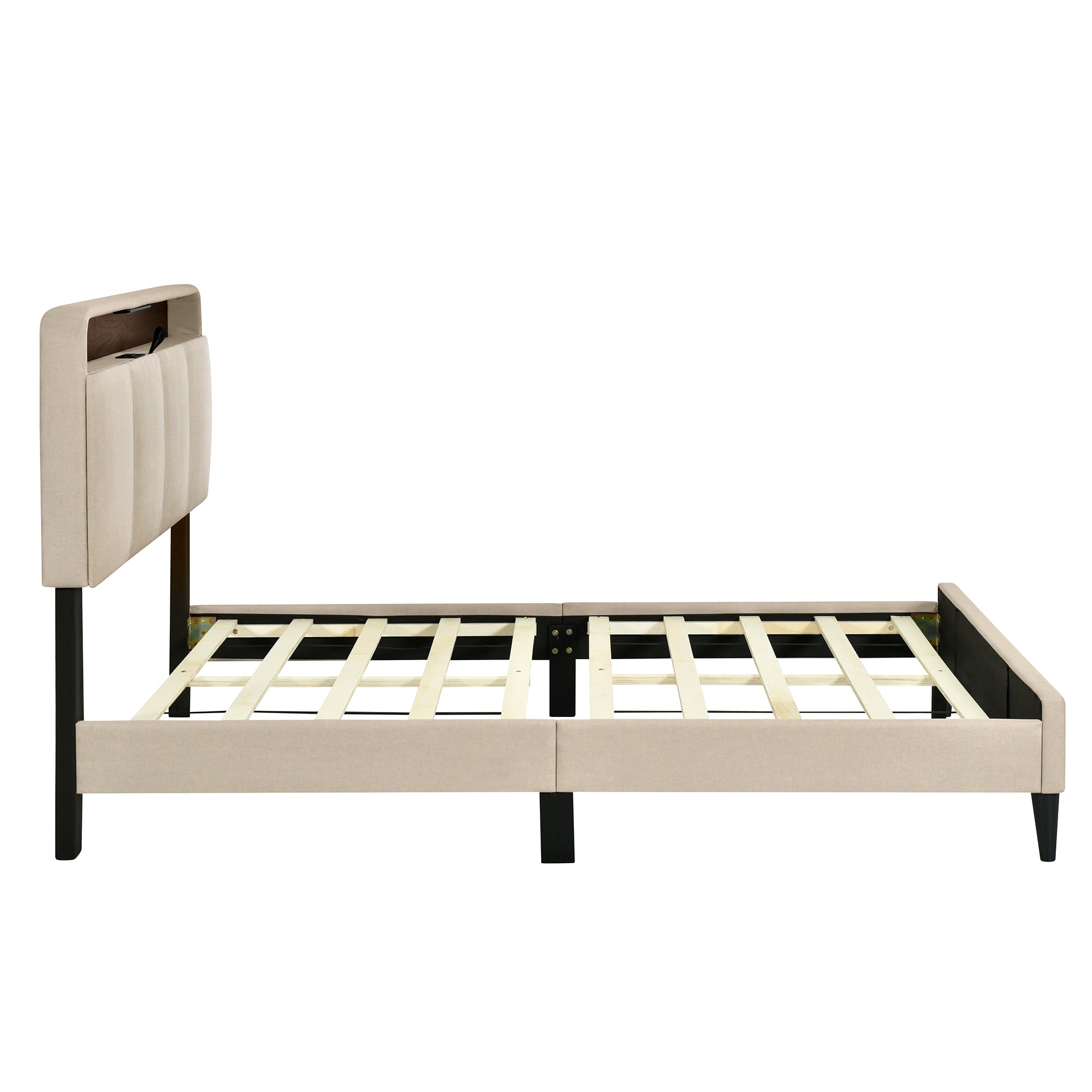 Full size Upholstered Platform Bed with Storage Headboard, Sensor Light and a set of Sockets and USB Ports, Linen Fabric, Beige