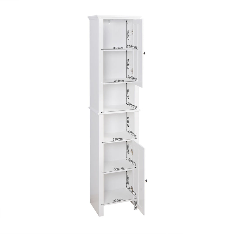 Wooden Bathroom Floor Storage Cabinet With 2 Doors And 6 Shelves - White