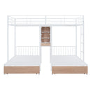Full Over Twin & Twin Triple Bunk Bed with Drawers, Multi-functional Metal Frame Bed with desks and shelves in the middle, White