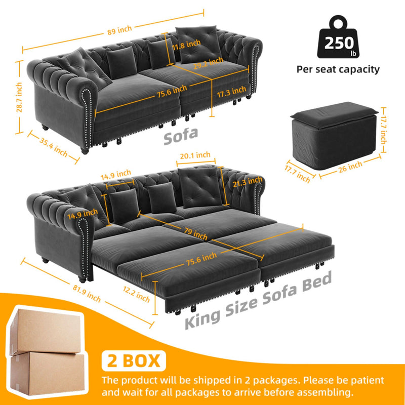 3 In 1 Pull Out Sofa Bed, Convertible Sleeper Sofa Bed, 3 Seater Sofa With Movable Ottoman - Gray
