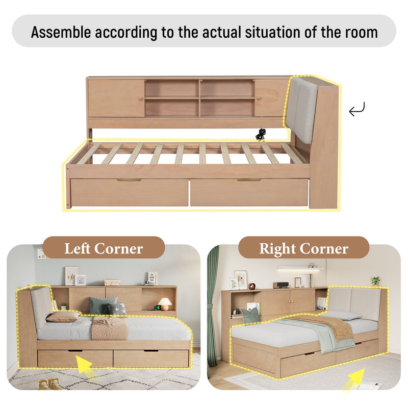 L-Shaped Daybed Corner Bed Under Bed Drawers With Storage Bookcase And Upholstered Headboard And USB Charging Ports