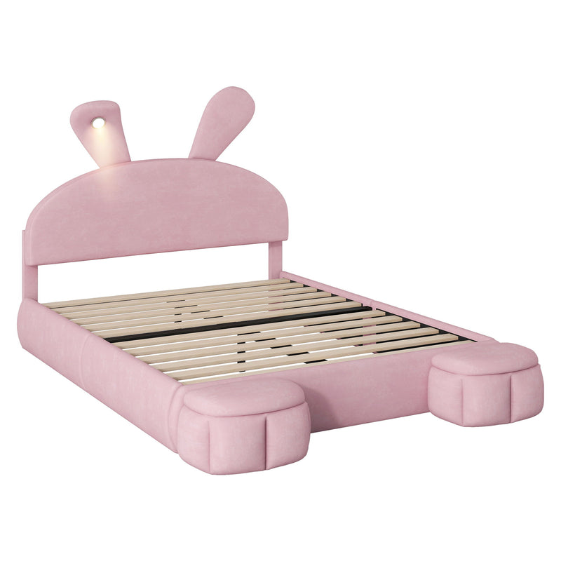 Upholstered Platform Bed With Cartoon Ears Shaped Headboard And LED Light