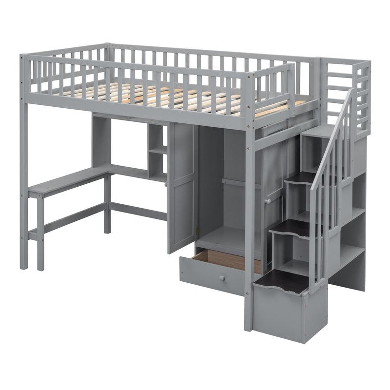 Twin Size Loft Bed With Bookshelf, Drawers, Desk, And Wardrobe - Gray