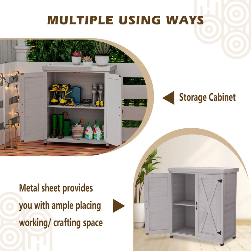 Rustic Cedar Wood Potting Bench With Storage Cabinet And Metal Top For Outdoor Patio - Gray