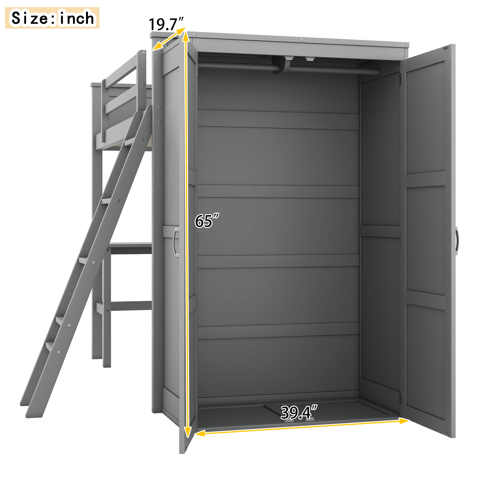 Twin size Loft Bed with Desk, Shelves and Wardrobe-Gray - Atlantic Fine Furniture Melbourne FL