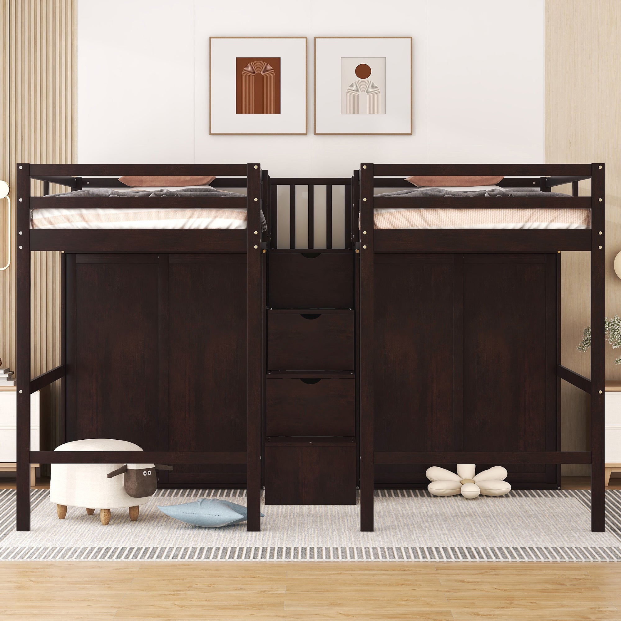 Double Twin Loft Beds with Wardrobes and Staircase, Espresso - Atlantic Fine Furniture Melbourne FL
