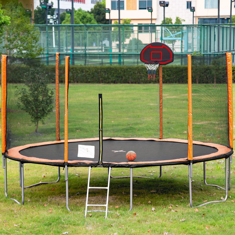 14Ft Powder-Coated Advanced Trampoline With Basketball Hoop Inflator And Ladder (Outer Safety Enclosure) - Orange