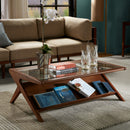 Coffee Table With Tempered Glass Top, Solid Wood Frame - Walnut